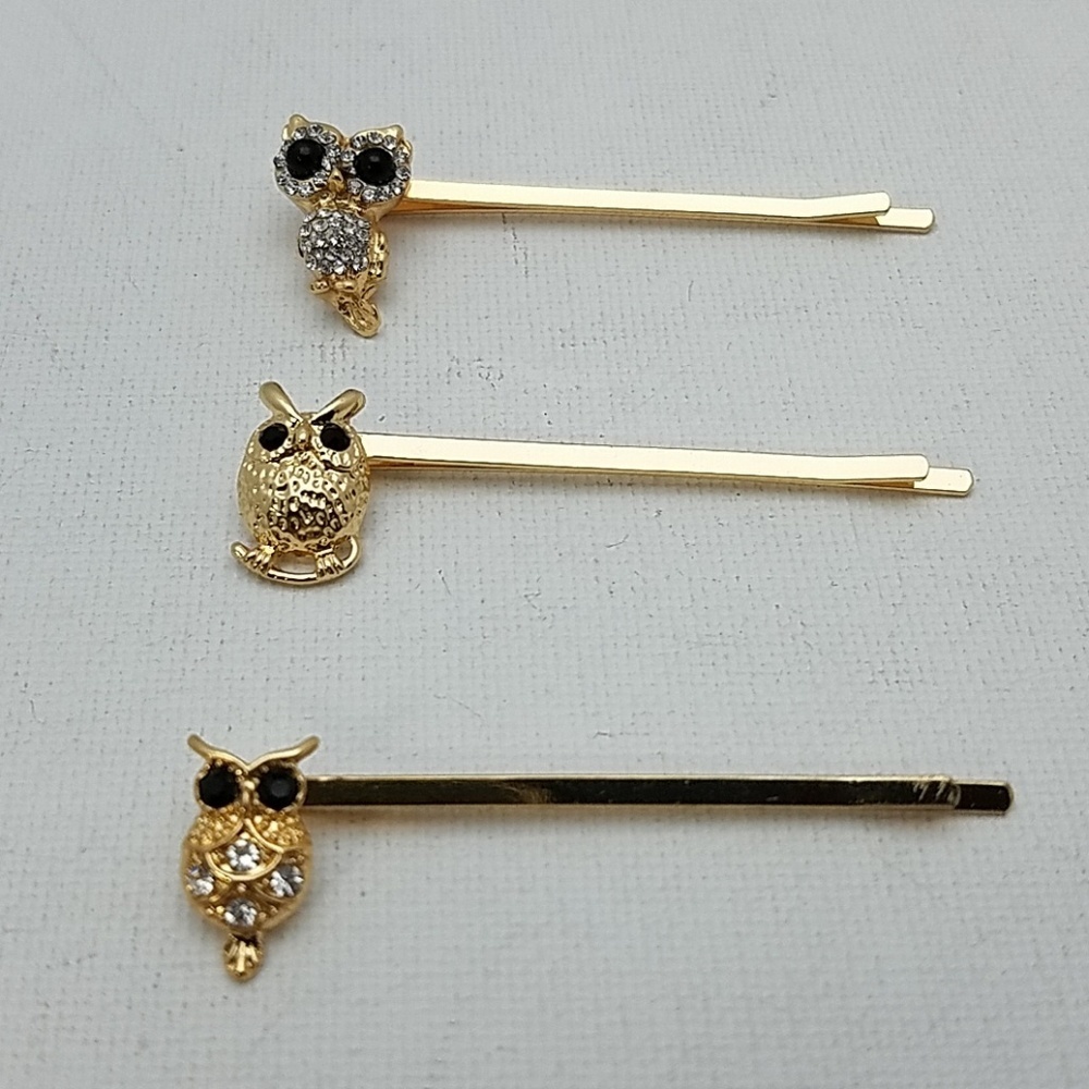 Owl Rhinestone Gold Tone 2" Bobbin Pins Set of 3